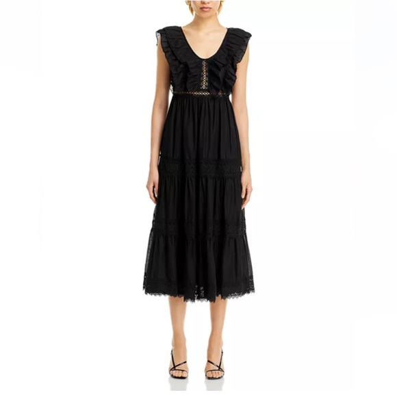 AQUA NWT Ruffled Back Cutout Lined Cotton Whimsigoth Black Midi Dress Size Small - Picture 7 of 11